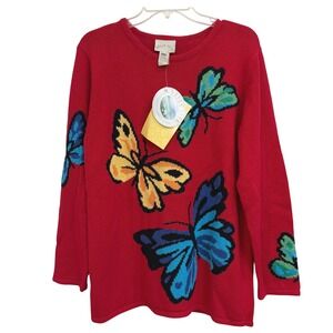 Bright Belle Isle Womens Red Butterfly Intarsia Knit Sweater Ramie Cotton L NWT
